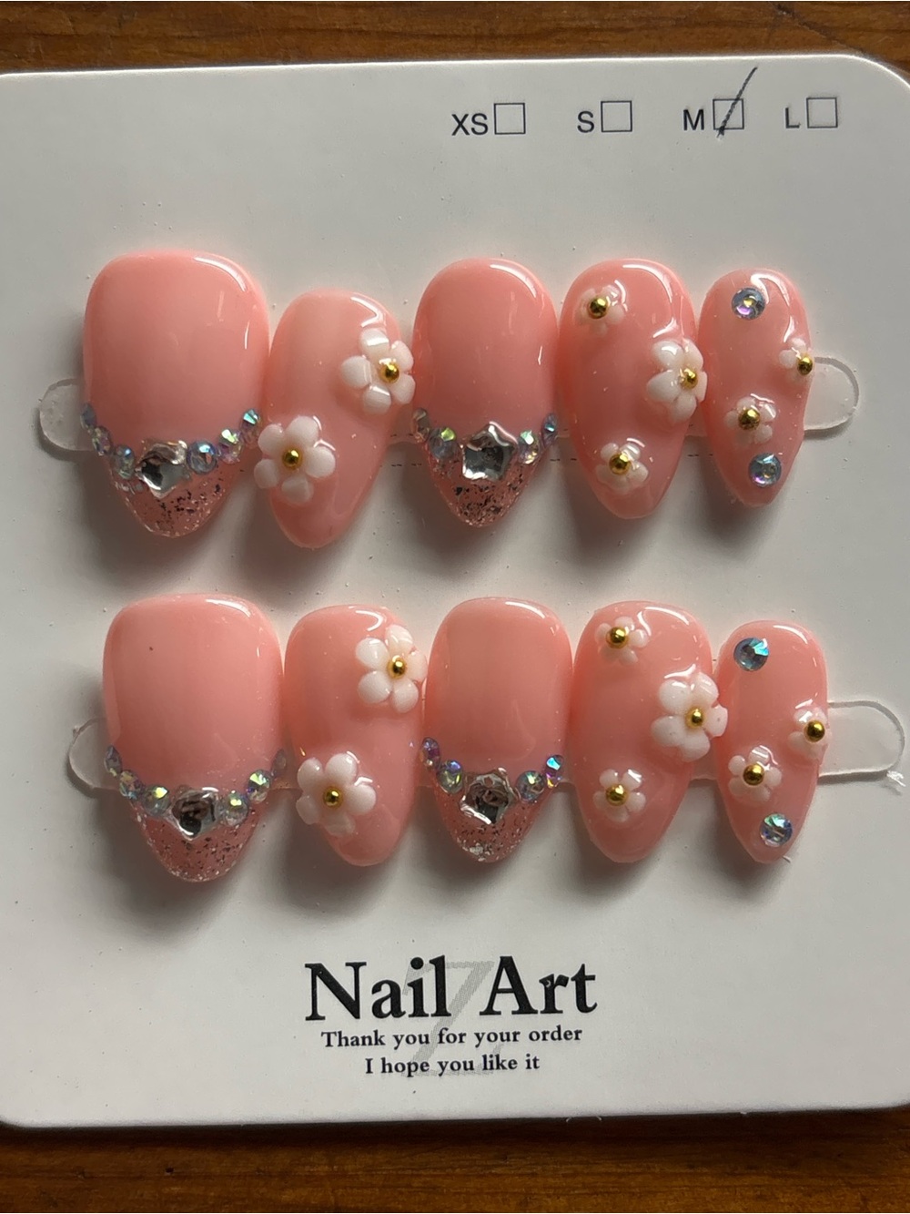 Nail Art Pink Floral Rhinestone Press-On Nails - Medium